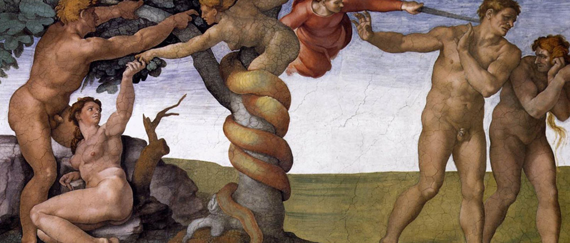 The Downfall of Adam and Eve and their Expulsion from the Garden of Eden. Sistine Chapel, fresco Michelangelo